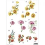 3D Die-Cut Decoupage Sheet 8.3"X11.69" - Flowers Yellow Flower, Carnation & Red