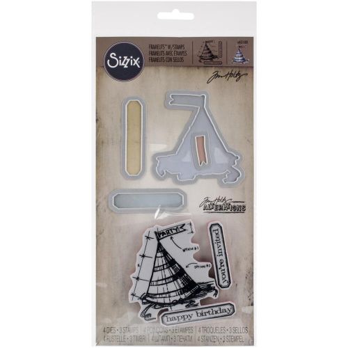 Sizzix - Framelits Dies - 4/Pkg W/Stamps By Tim Holtz - Celebrate
